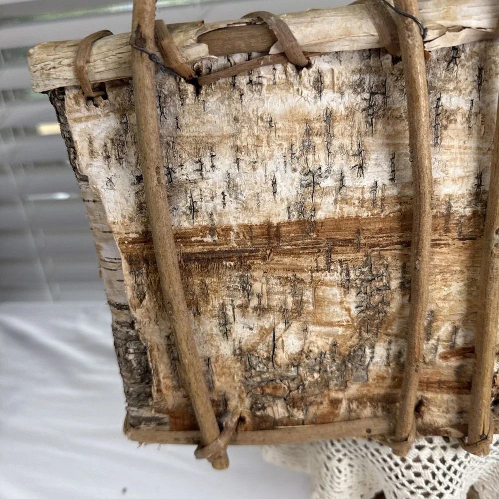 Vintage Birch Bark Wall Hanging 2 Loop Basket. Handmade.